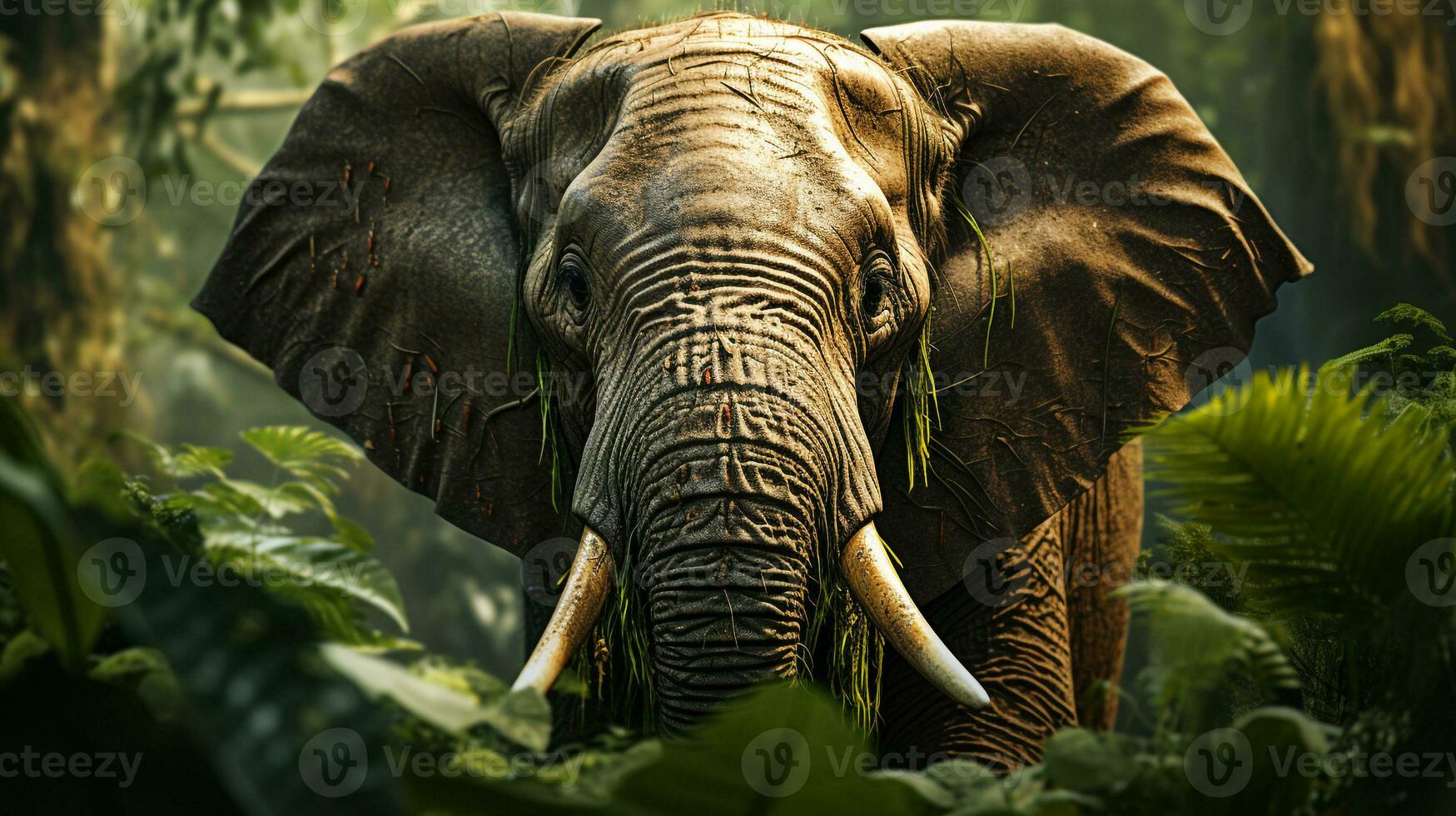 Close-up photo of a Elephant looking any direction on jungle. Generative AI