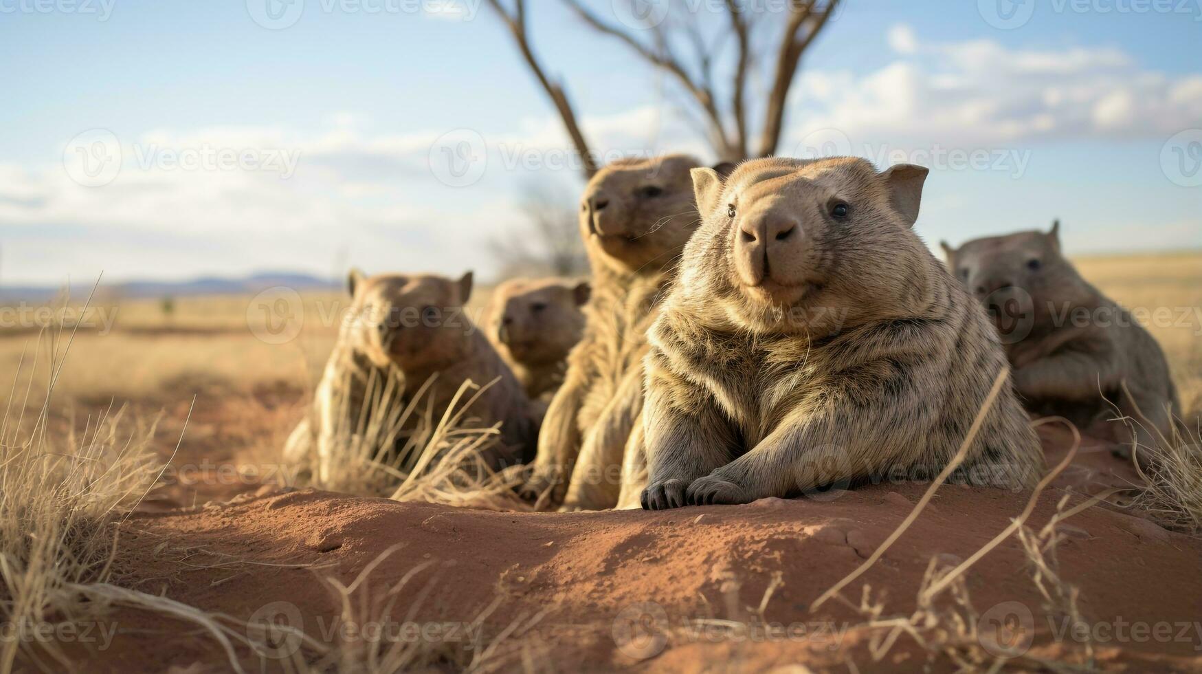 Photo of a herd of Wombat resting in an open area on the Savanna. Generative AI