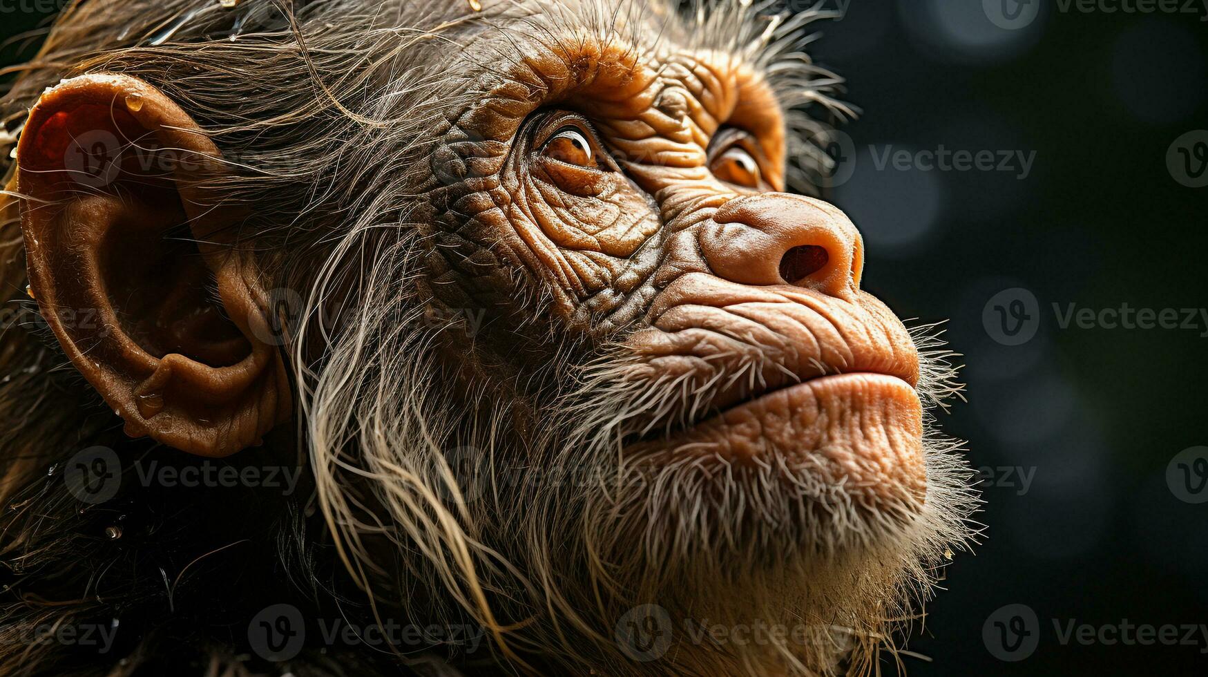 Close-up photo of a Chimpanzee looking any direction on jungle. Generative AI