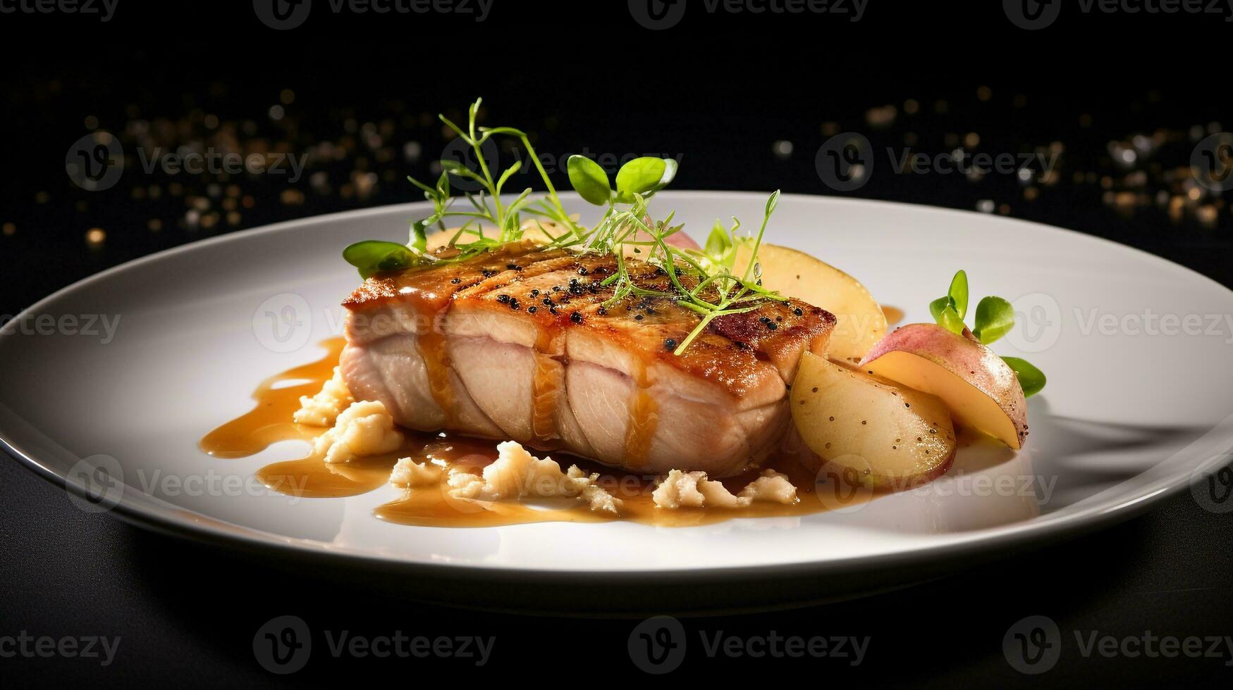 Photo of Pork Loin with Apple Sauce as a dish in a high-end restaurant. Generative AI