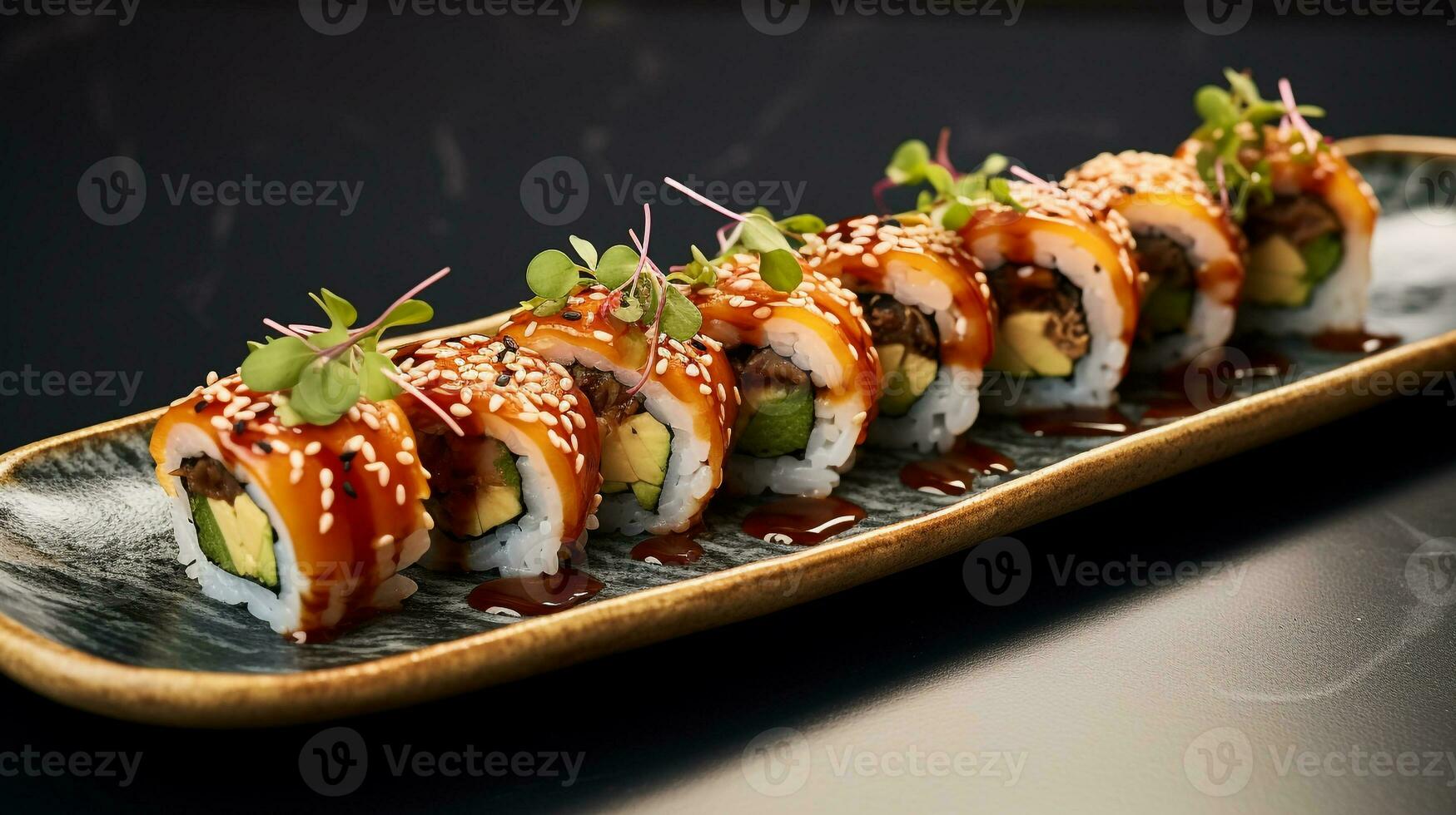 Photo of Sushi Rolls as a dish in a high-end restaurant. Generative AI