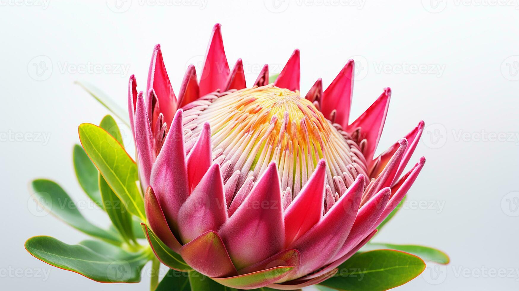 Photo of beautiful Protea flower isolated on white background. Generative AI