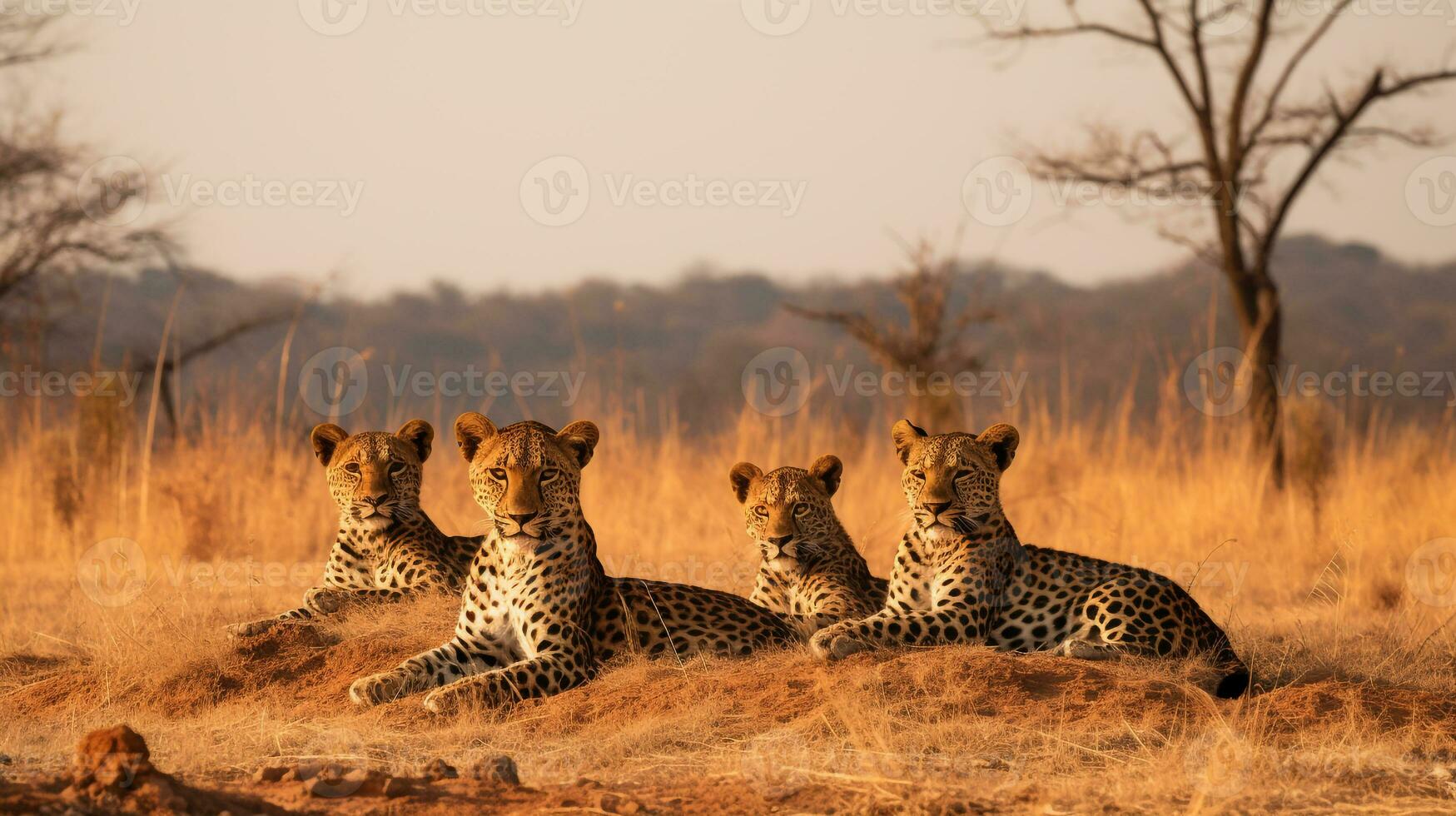 Photo of a herd of Leopard resting in an open area on the Savanna. Generative AI