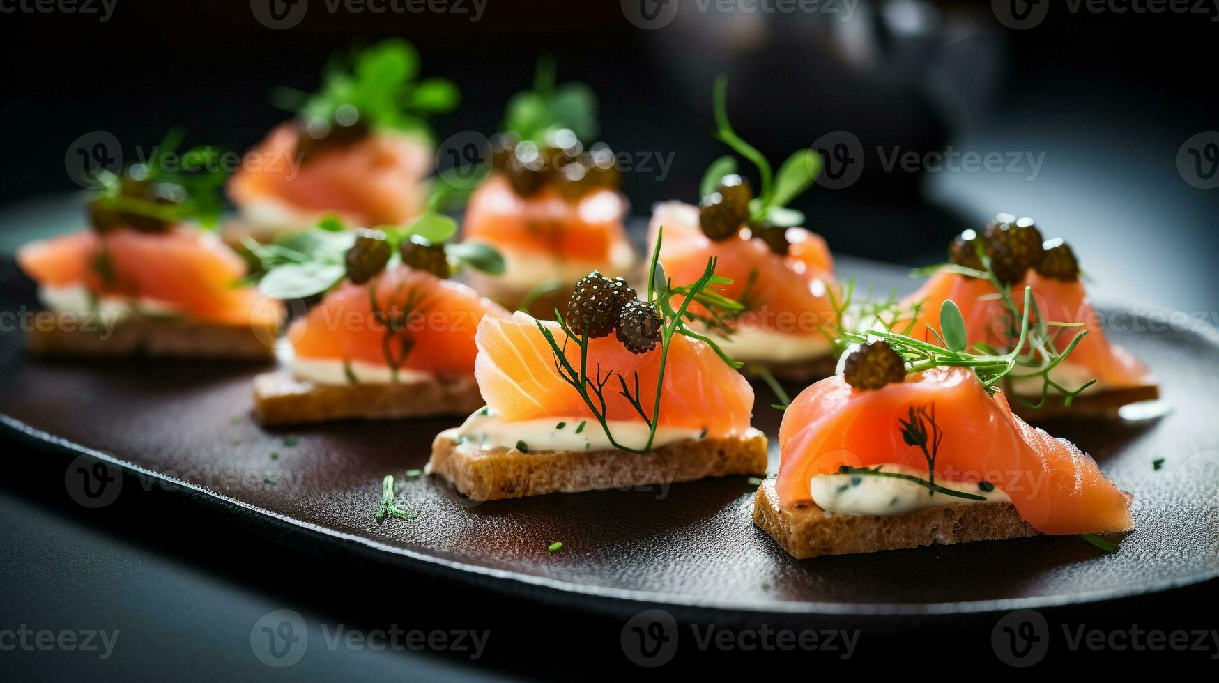 Photo of Smoked Salmon Canapes as a dish in a high-end restaurant. Generative AI