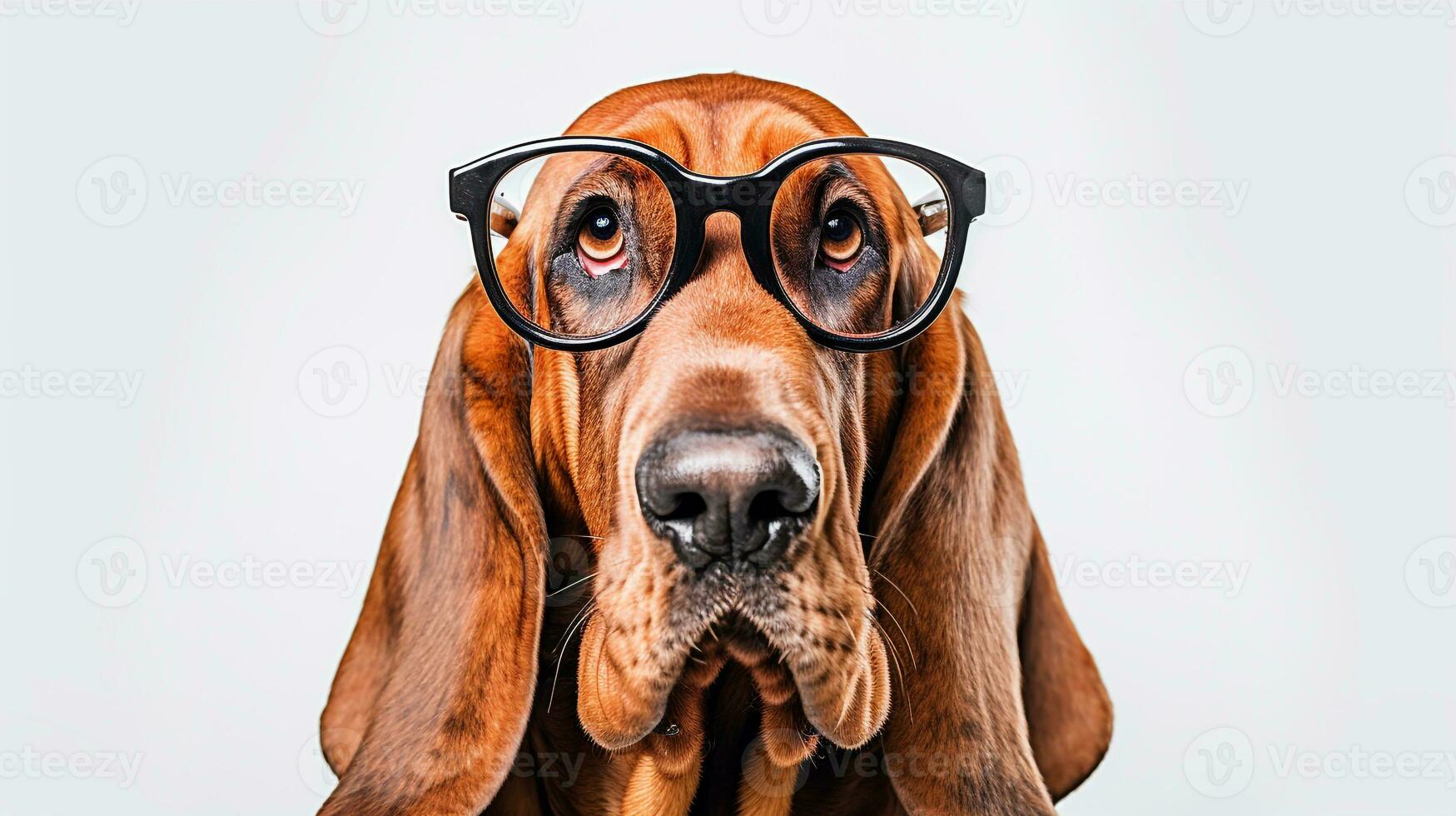 Photo of a Bloodhound dog using eyeglasses isolated on white background. Generative AI