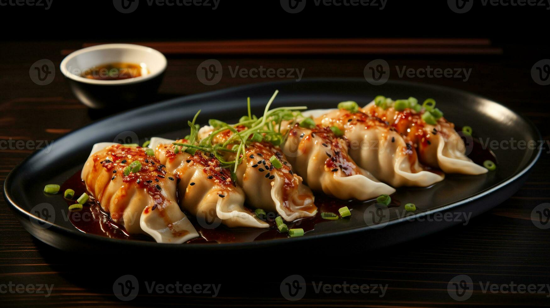 Photo of Gyoza as a dish in a high-end restaurant. Generative AI