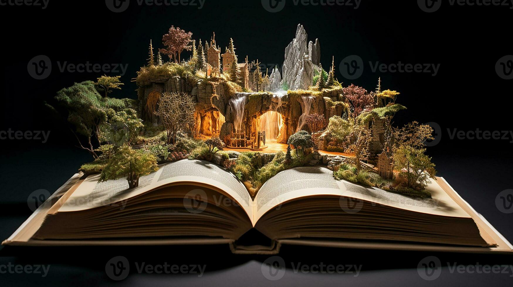 Fantasy landscape with a waterfall in the open book on dark background. Generative AI photo