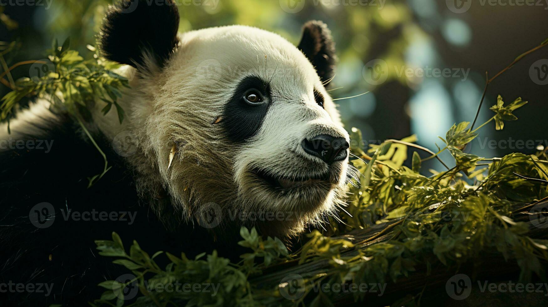 de cerca foto de un panda mirando ninguna dirección en selva. generativo ai