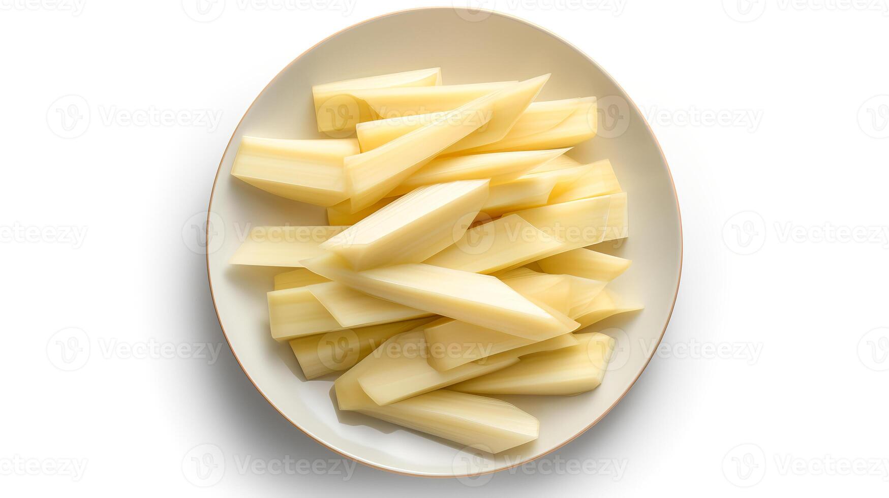 Photo of Bamboo shoots sliced pieces isolated on white background.