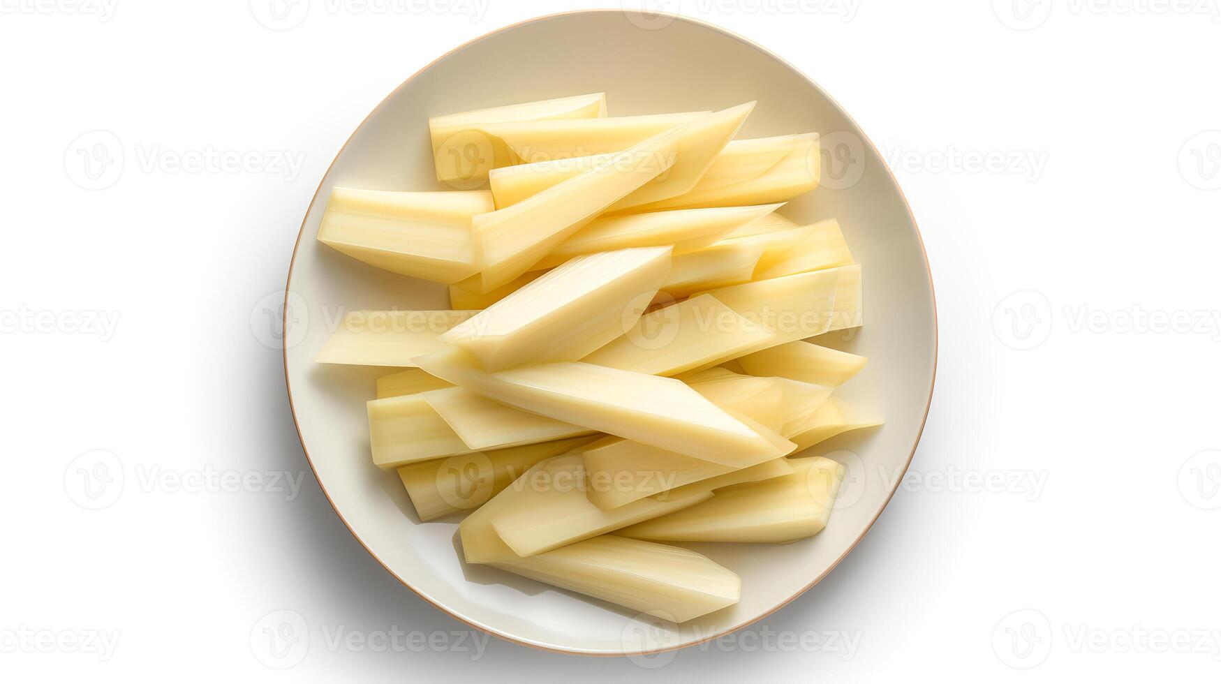 Photo of Bamboo shoots sliced pieces isolated on white background. generative ai