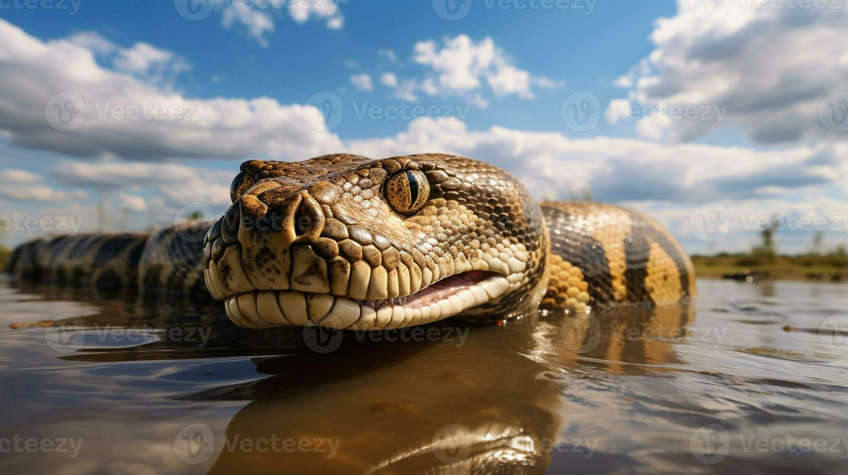 foto de un anaconda debajo azul cielo. generativo ai