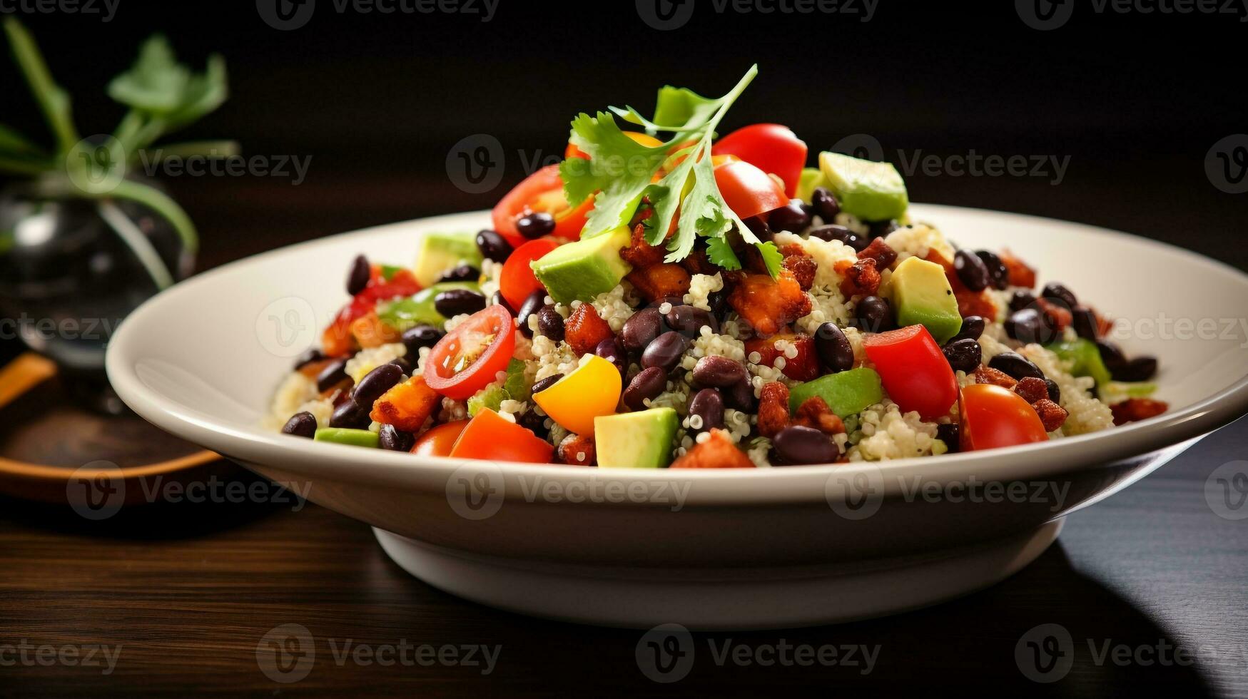 Photo of Quinoa and Black Bean Salad as a dish in a high-end restaurant. Generative AI