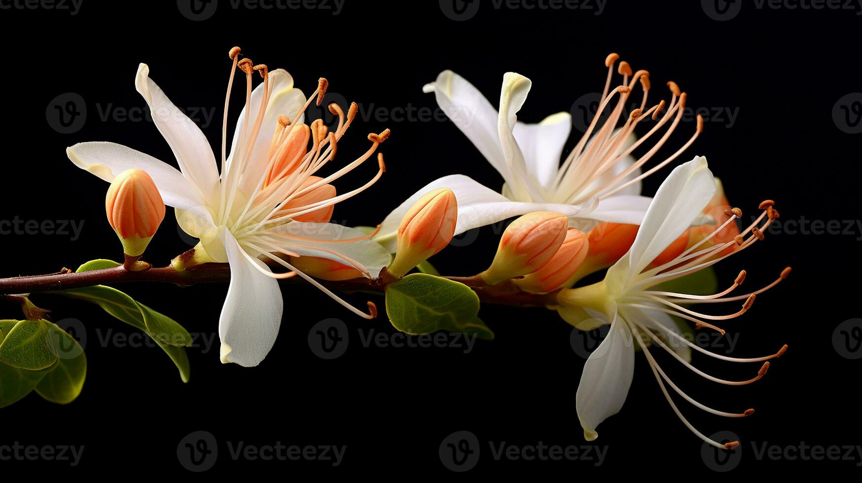 Photo of beautiful Honeysuckle flower isolated on white background. Generative AI