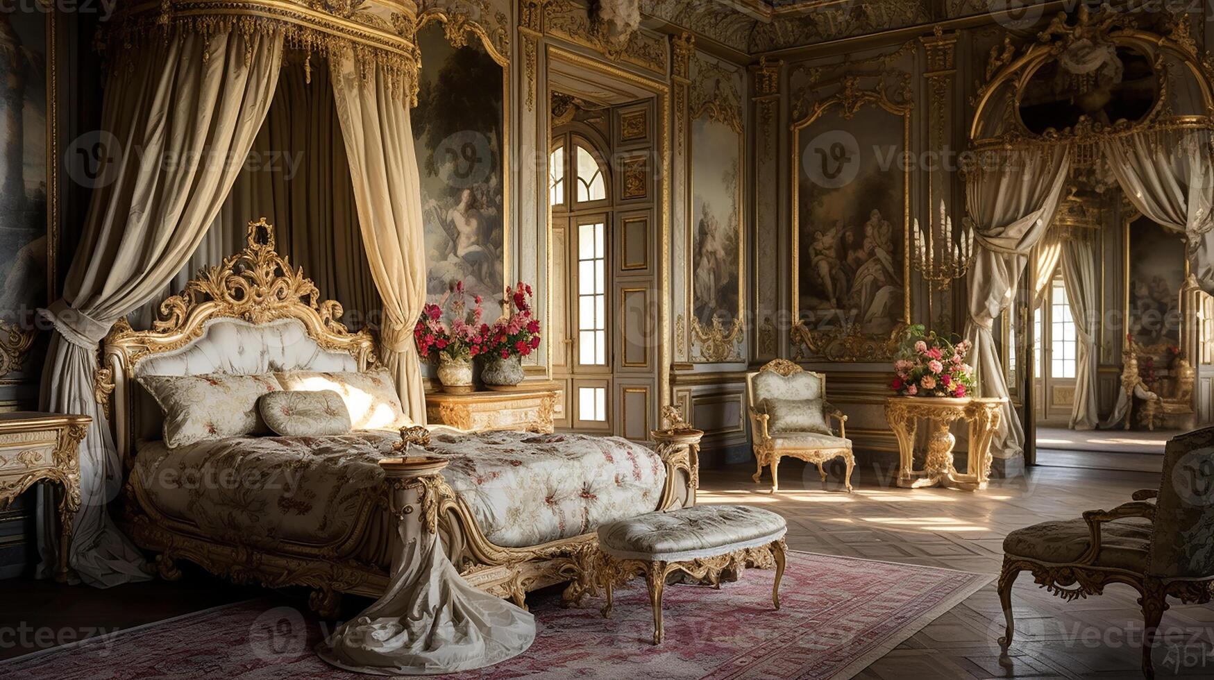 Photo of the bedroom of the Palace of Versaille, France. Generative AI