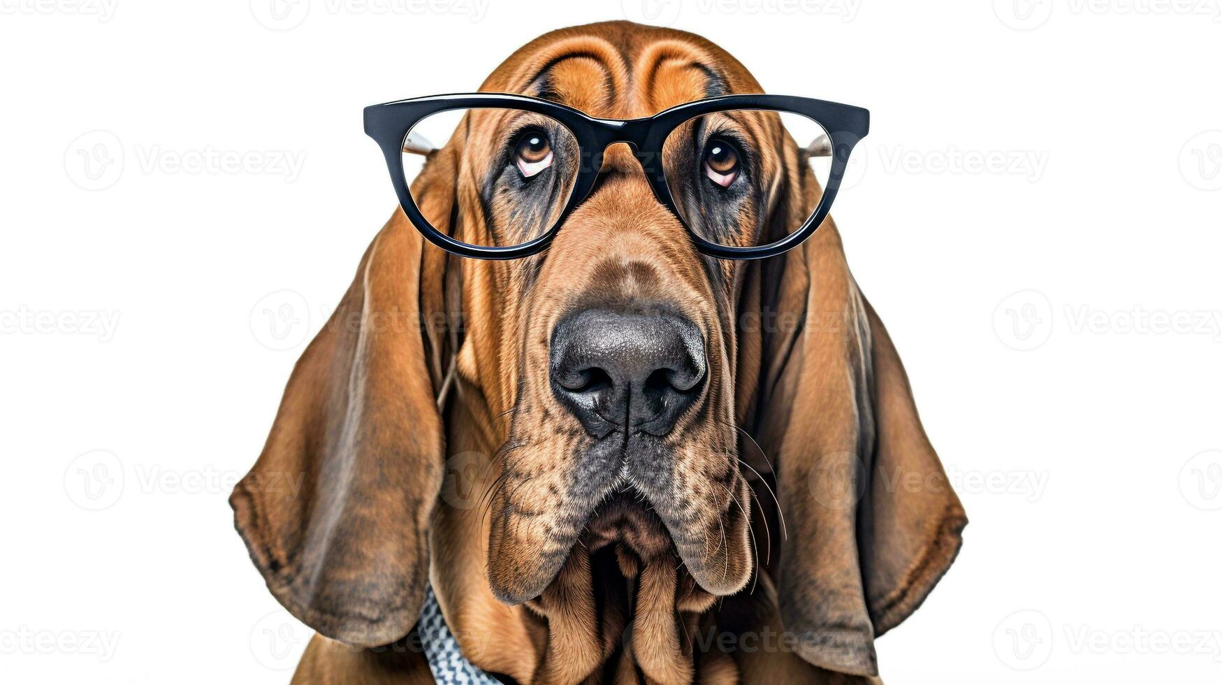 Photo of a Bloodhound dog using eyeglasses isolated on white background. Generative AI