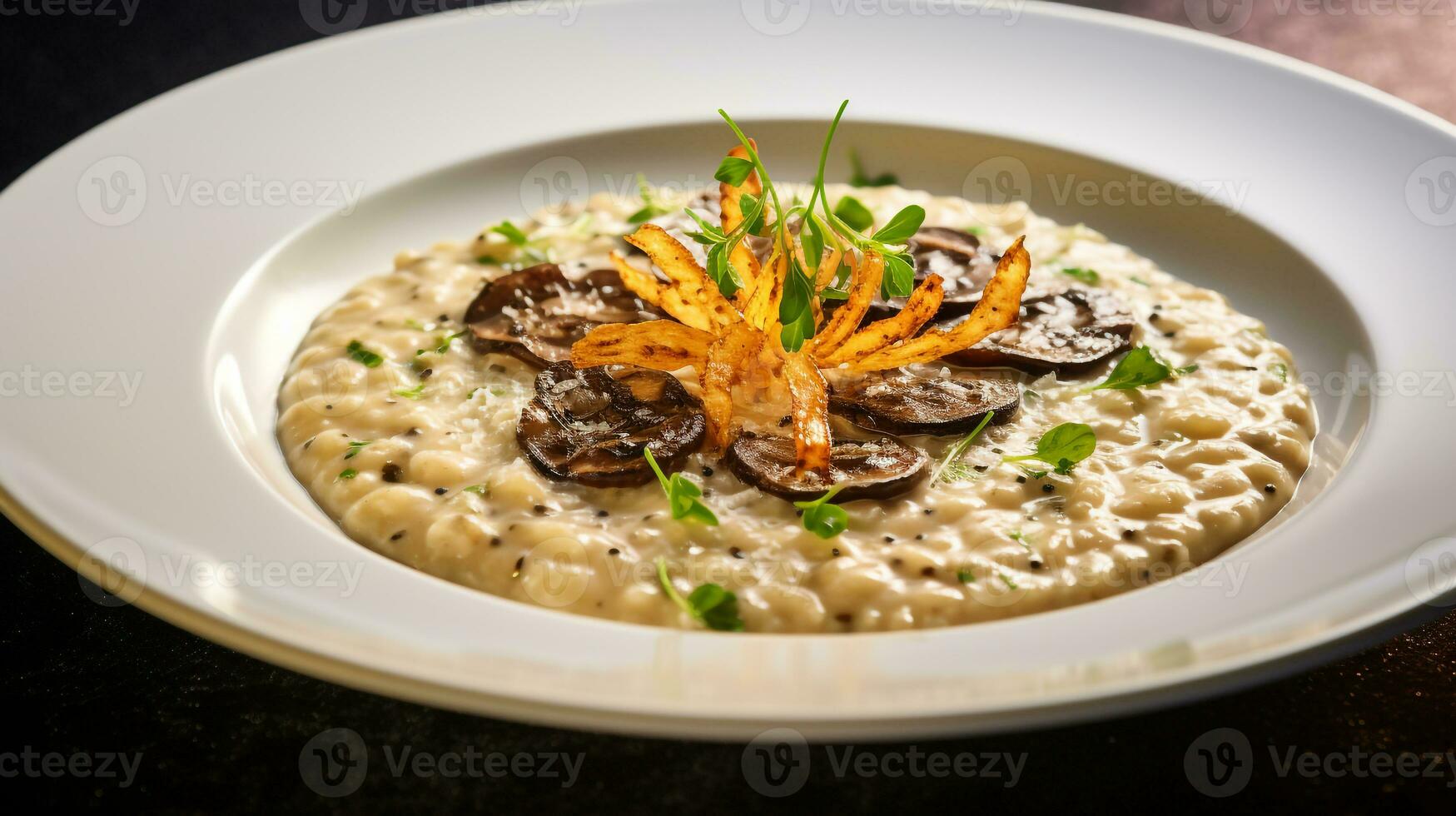 Photo of Truffle Risotto as a dish in a high-end restaurant. Generative AI
