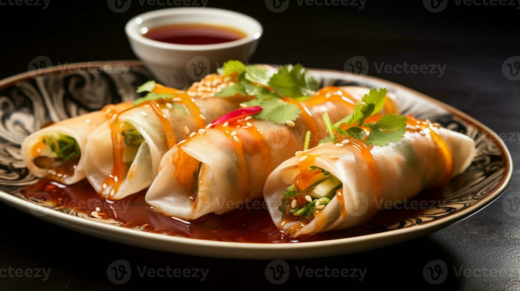 Photo of Spring Rolls as a dish in a high-end restaurant. Generative AI