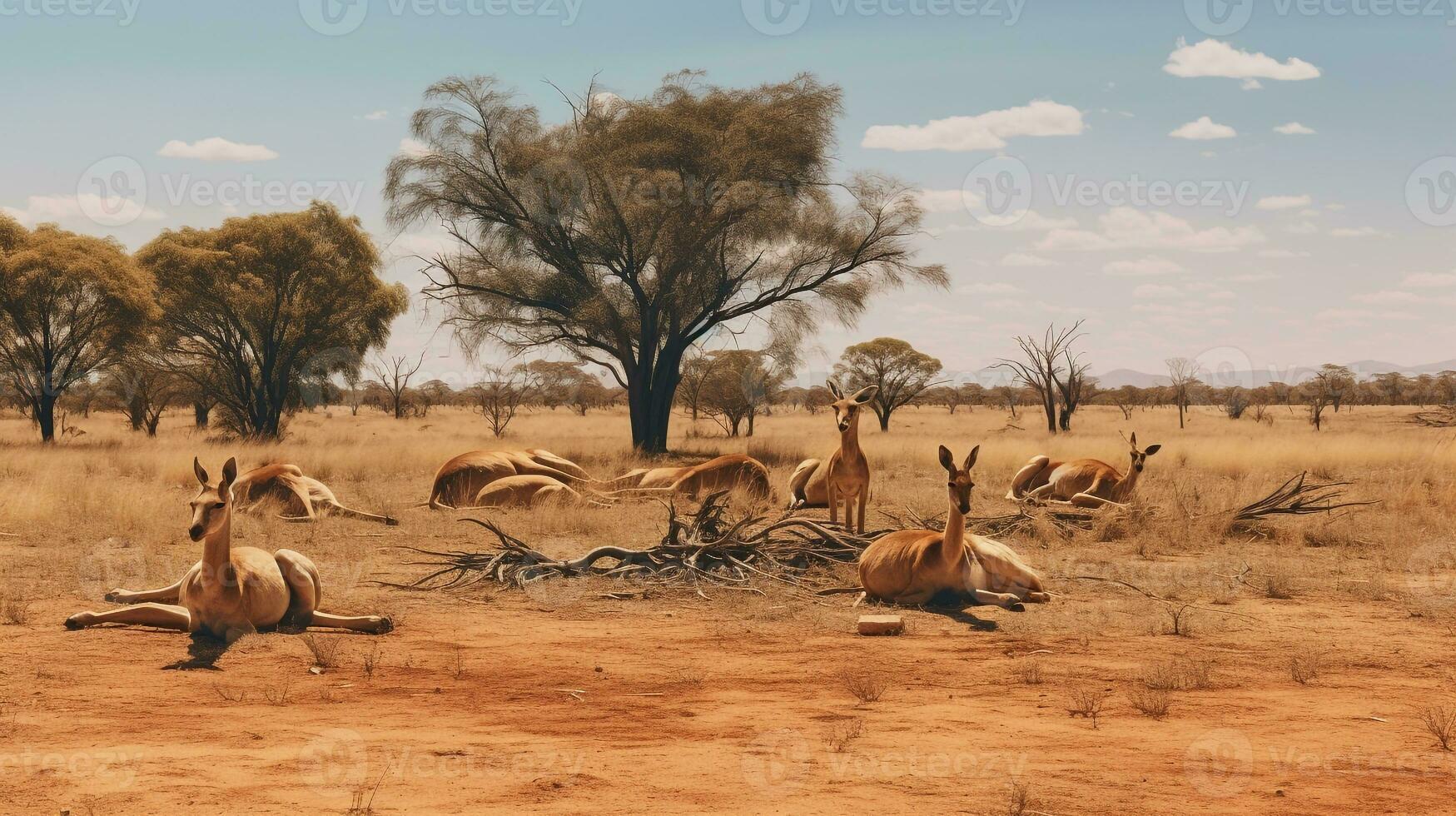 Photo of a herd of Kangaroo resting in an open area on the Savanna. Generative AI