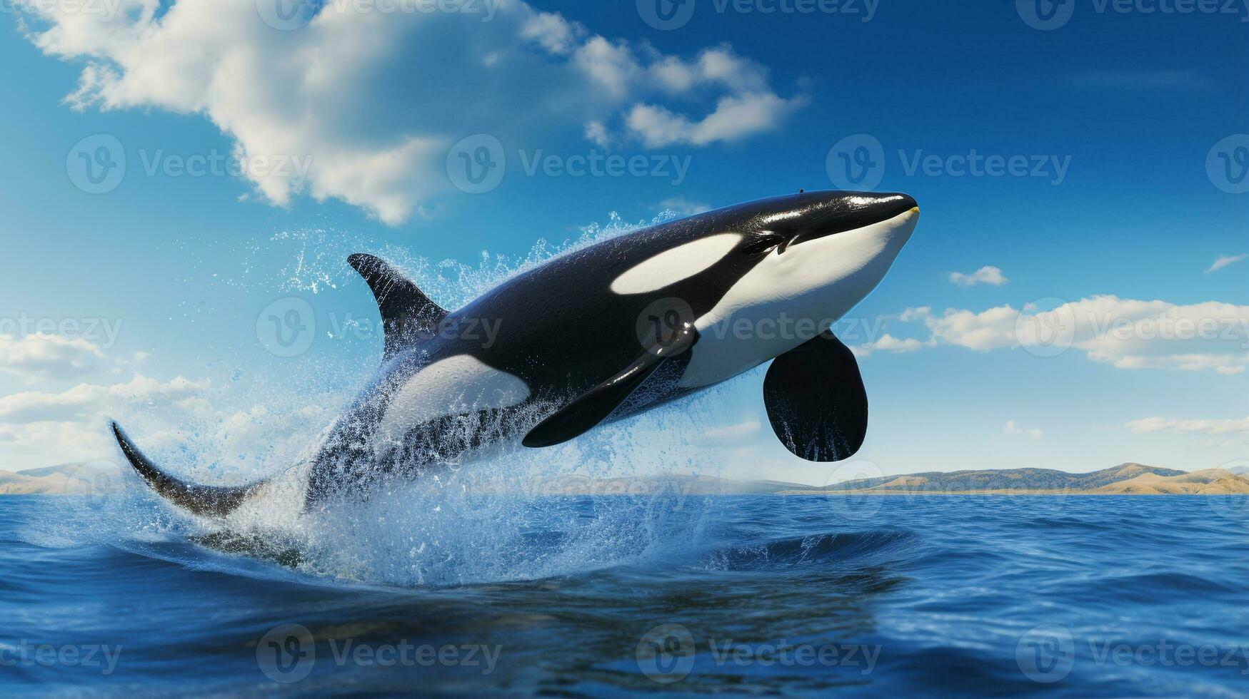 Photo of a Killer Whale under Blue Sky. Generative AI