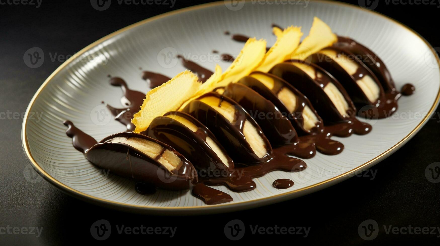 foto de chocolate sumergido bananas como un plato en un gama alta restaurante. generativo ai