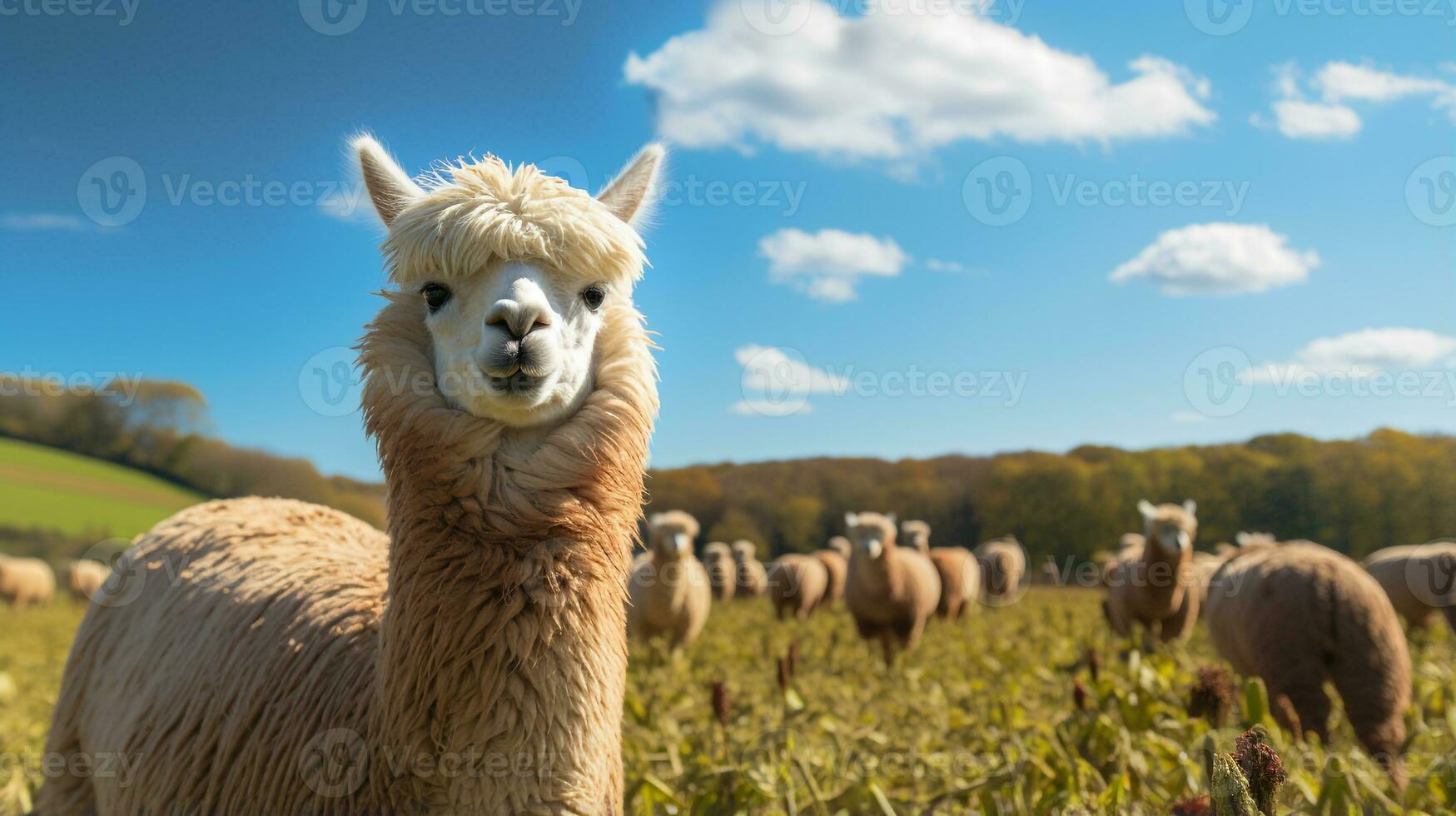Photo of a Alpaca in the Farmland. Generative AI