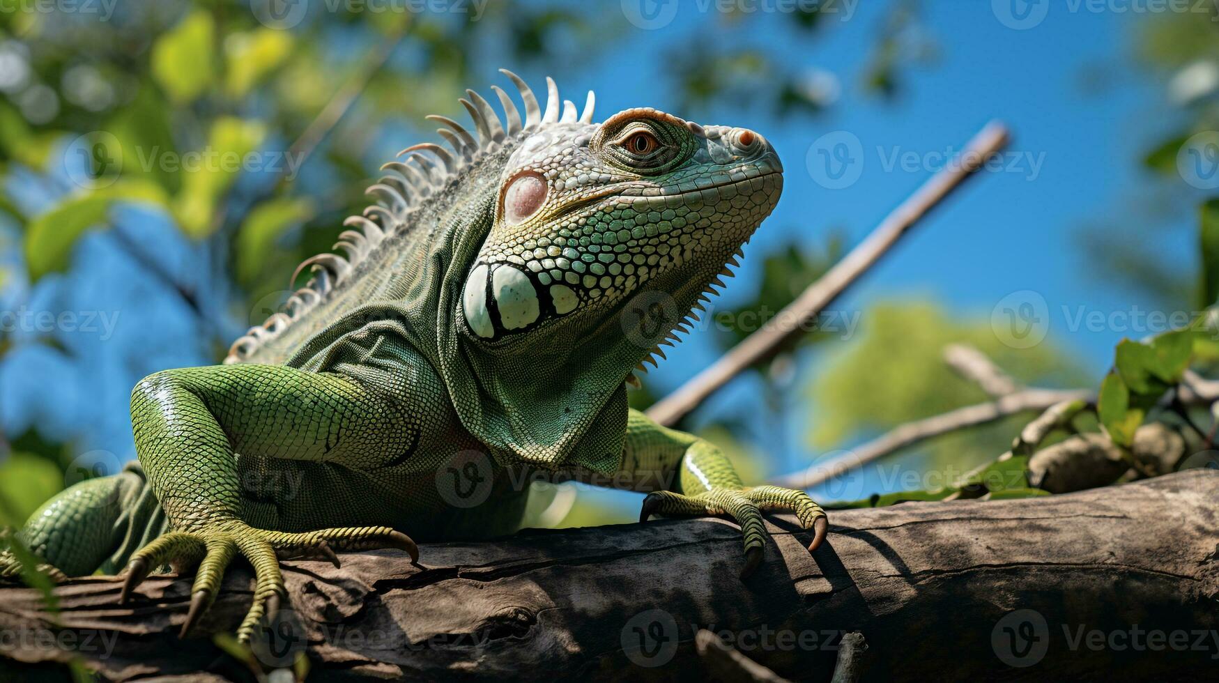 Photo of Iguana in ther forest with blue sky. Generative AI