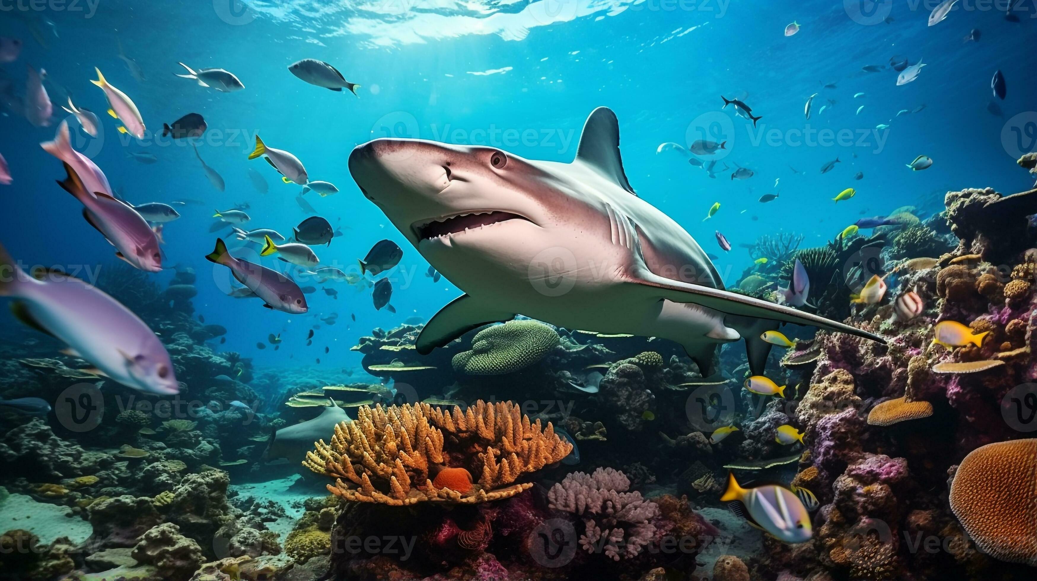 Photo of Hammerhead Shark with various fish between healthy coral reefs in the blue ocean