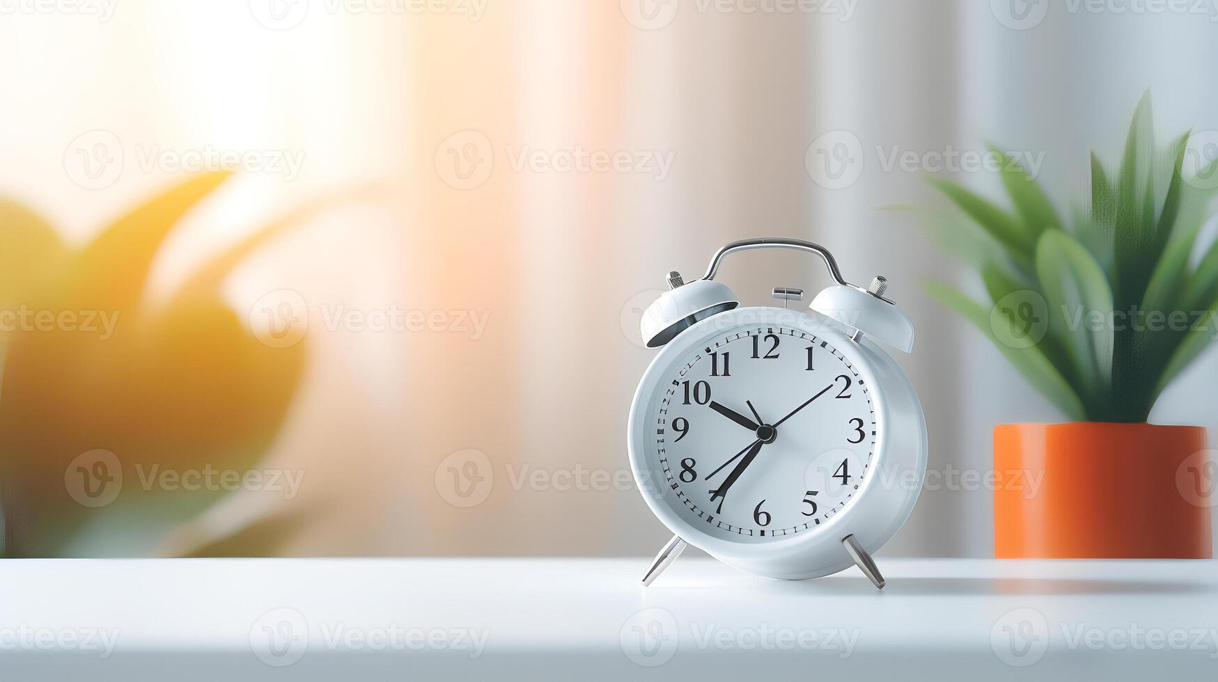 Photo of Minimalis alarm clock on white table isolated on blurry background. generative ai