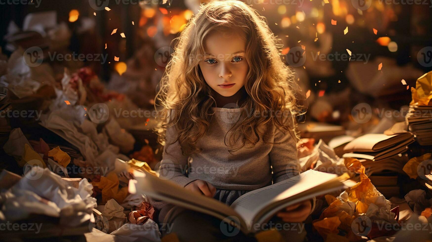 Little girl reading a book in the library with autumn leaves around her. Generative AI photo