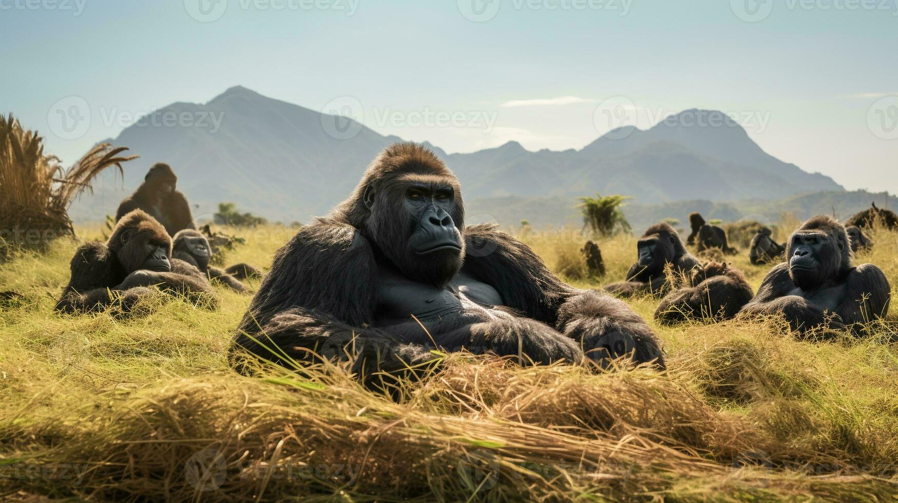 Photo of a herd of Gorilla resting in an open area on the Savanna. Generative AI