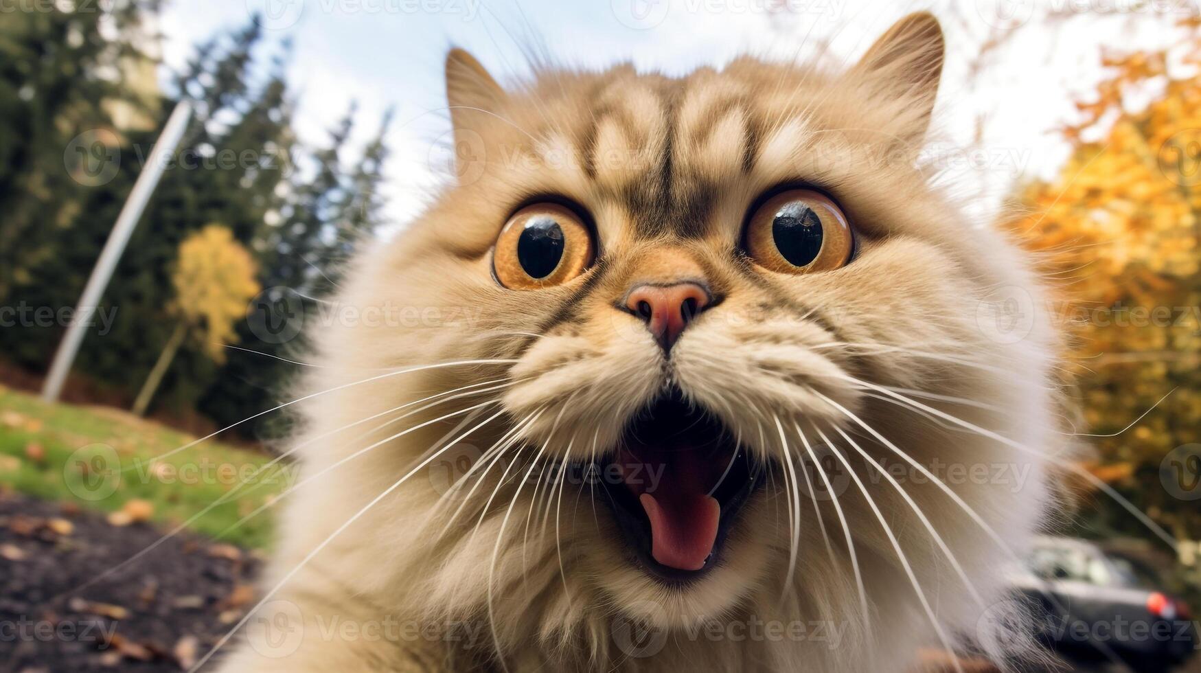 Close-up Photo of a funny shocked Persian sticking out his tongue. Generative AI