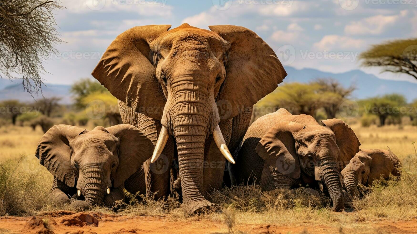 Photo of a herd of African Elephant resting in an open area on the Savanna. Generative AI
