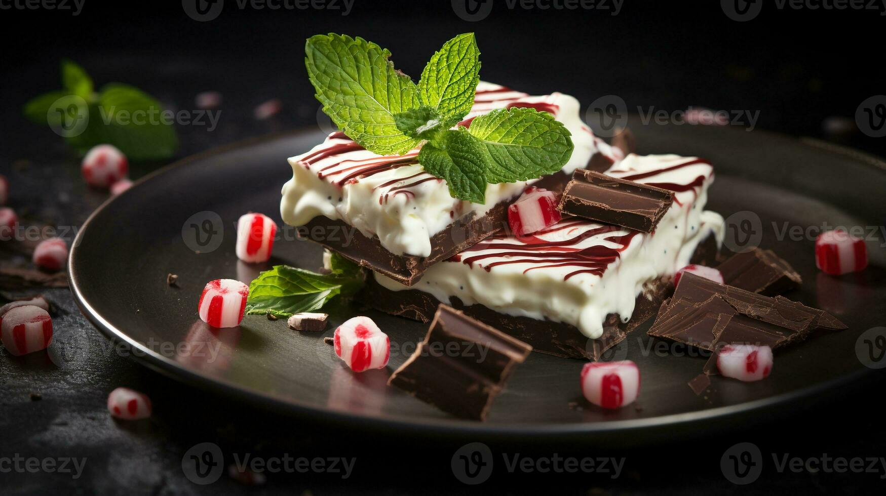 Photo of Peppermint Bark as a dish in a high-end restaurant. Generative AI