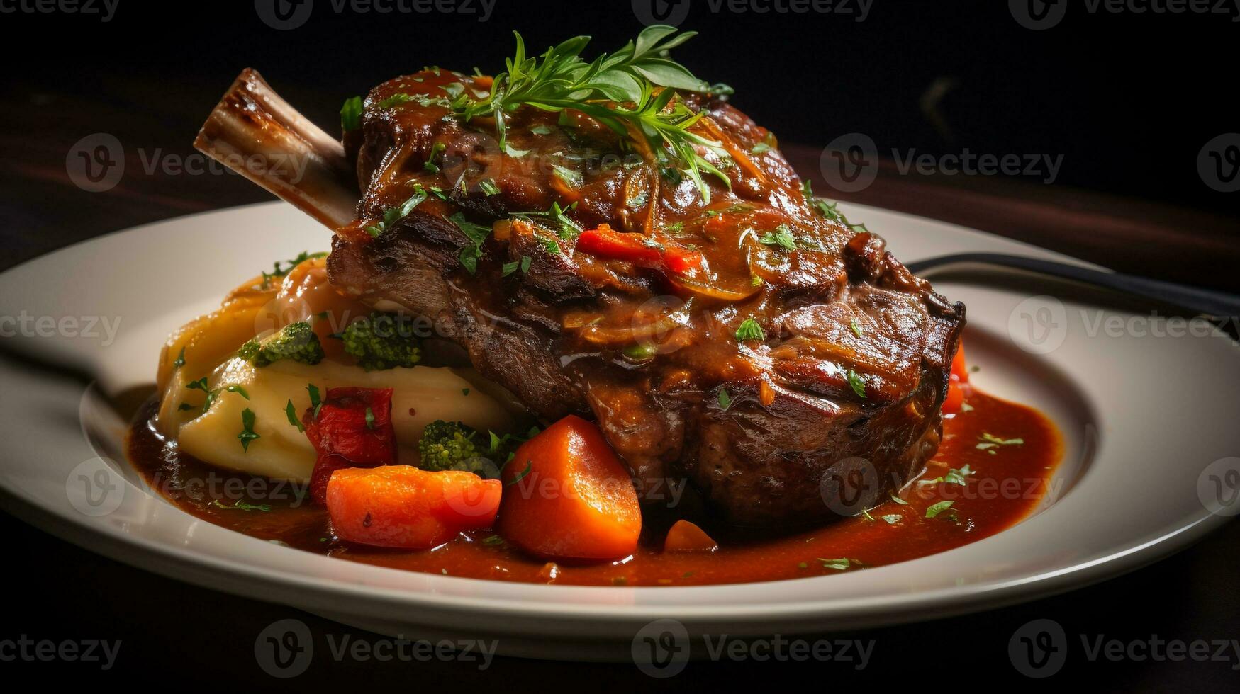 Photo of Lamb Shank Osso Buco as a dish in a high-end restaurant. Generative AI