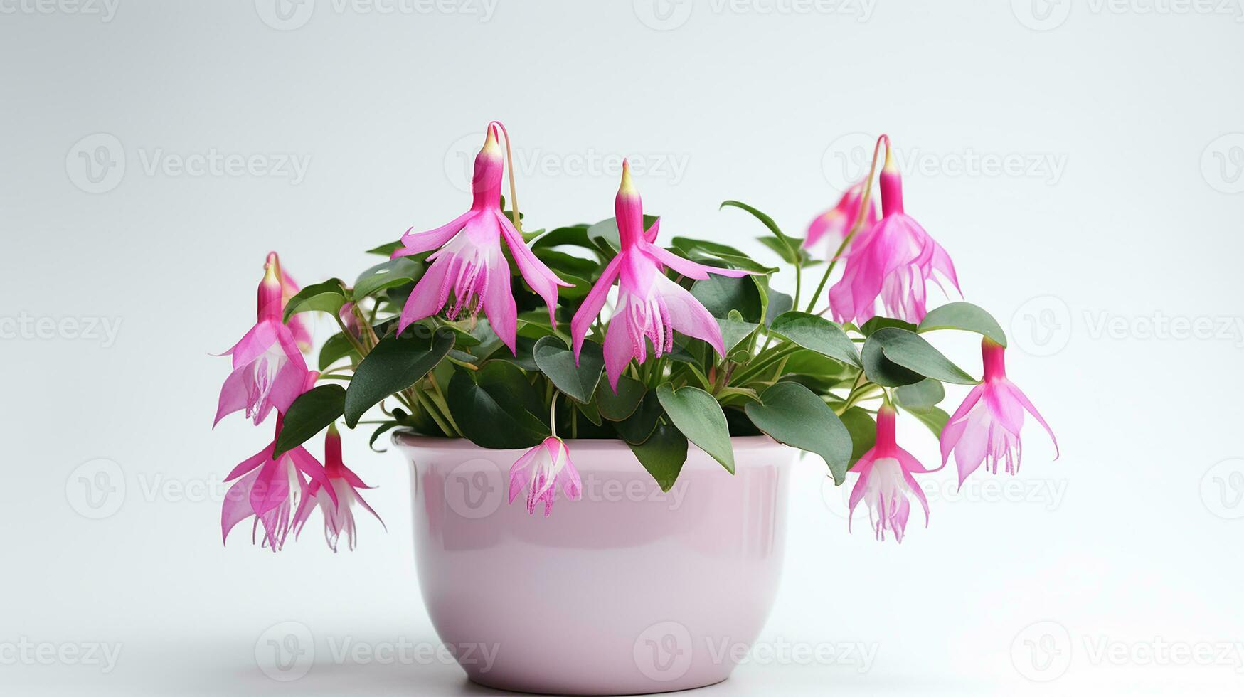 Photo of Fuchsia flower in pot isolated on white background. Generative AI