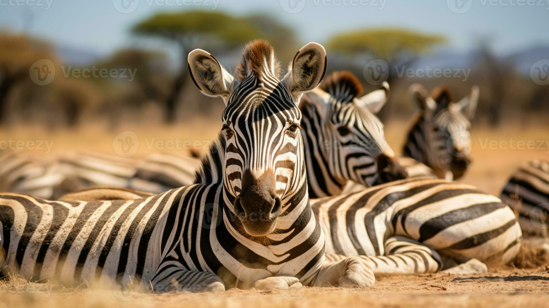 Photo of a herd of Zebra resting in an open area on the Savanna. Generative AI