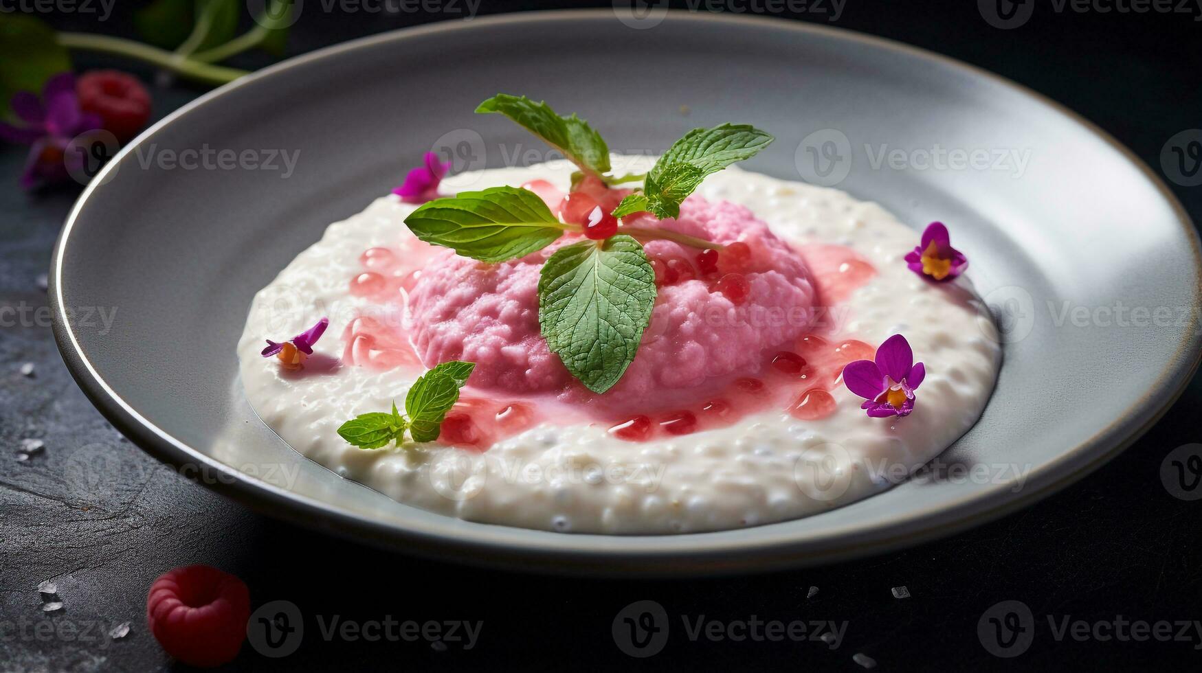 Photo of Rose Water Rice Pudding - Roz Bel Laban as a dish in a high-end restaurant. Generative AI