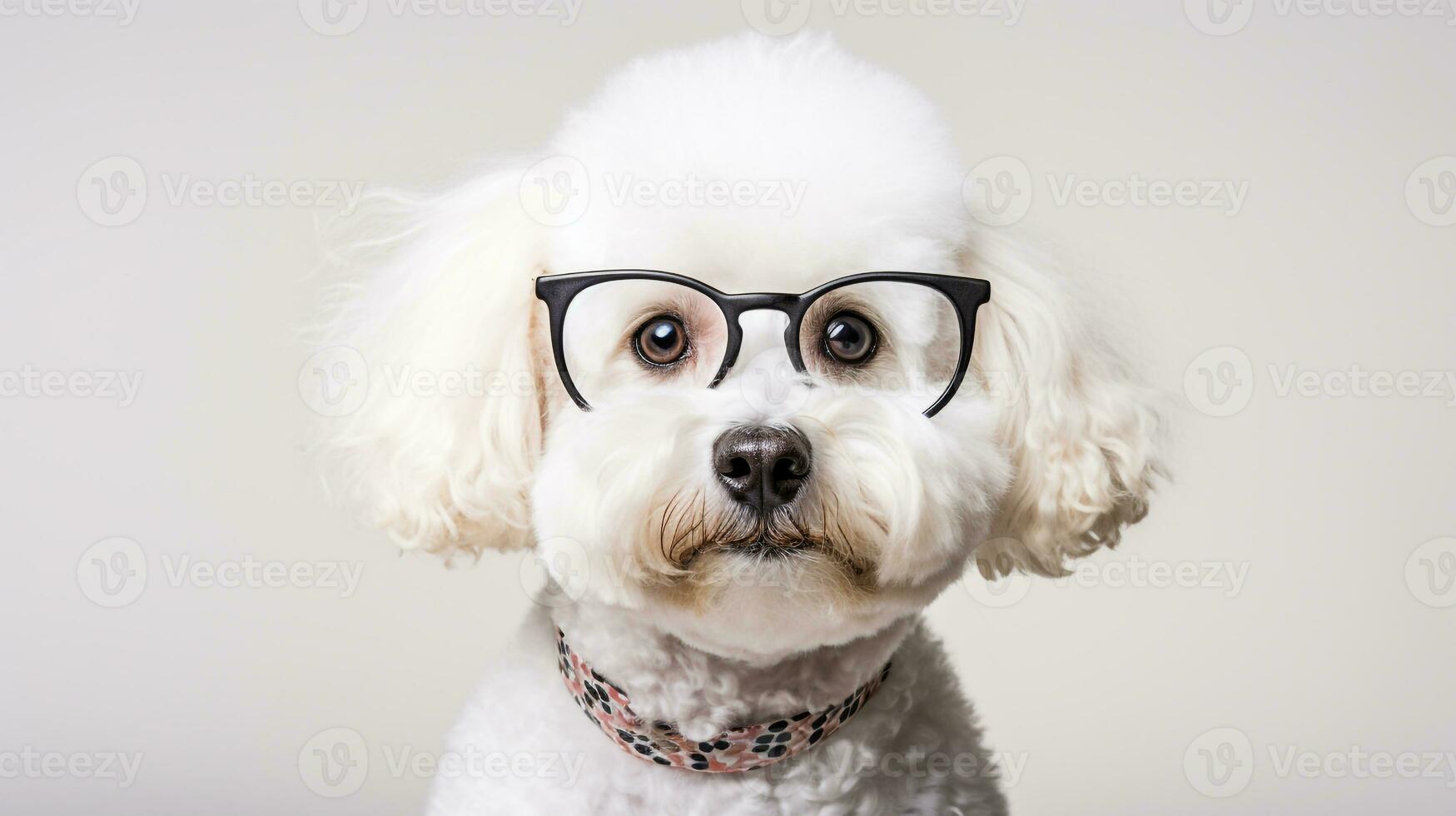 Photo of a Bichon Frise dog using eyeglasses isolated on white background. Generative AI