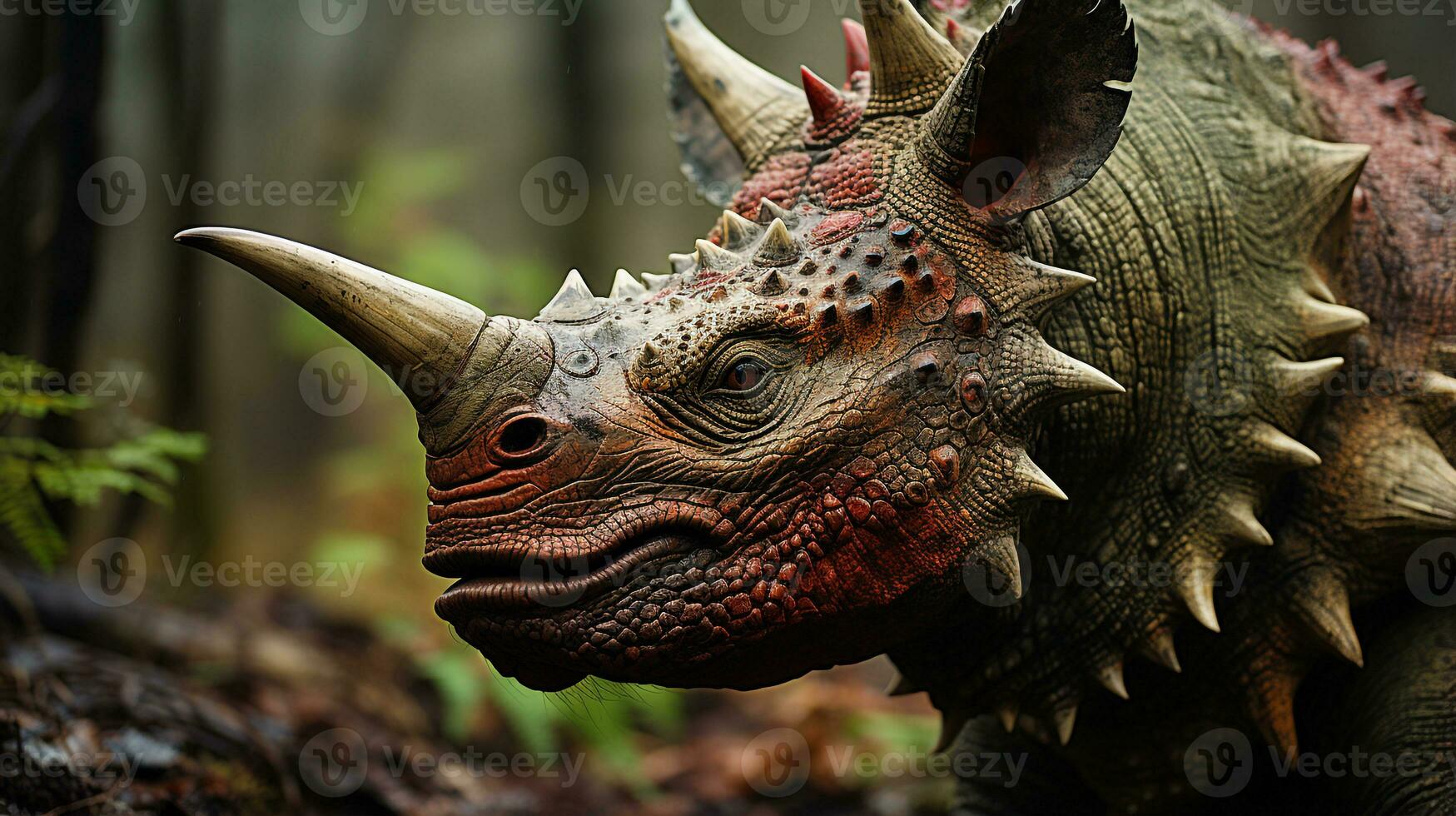 Close-up photo of a Triceratops looking in their habitat. Generative AI