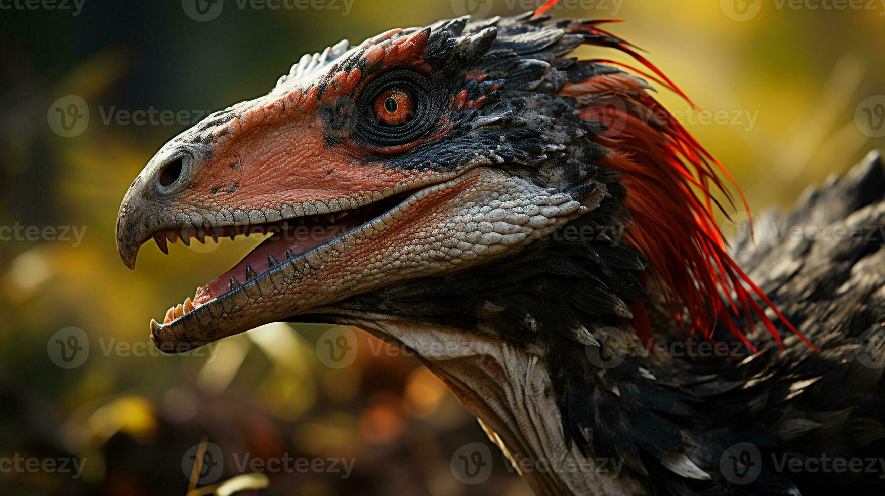 Close-up photo of a Velociraptor looking in their habitat. Generative AI