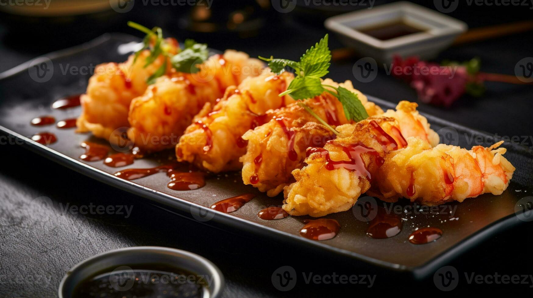 Photo of Prawn Tempura as a dish in a high-end restaurant. Generative AI