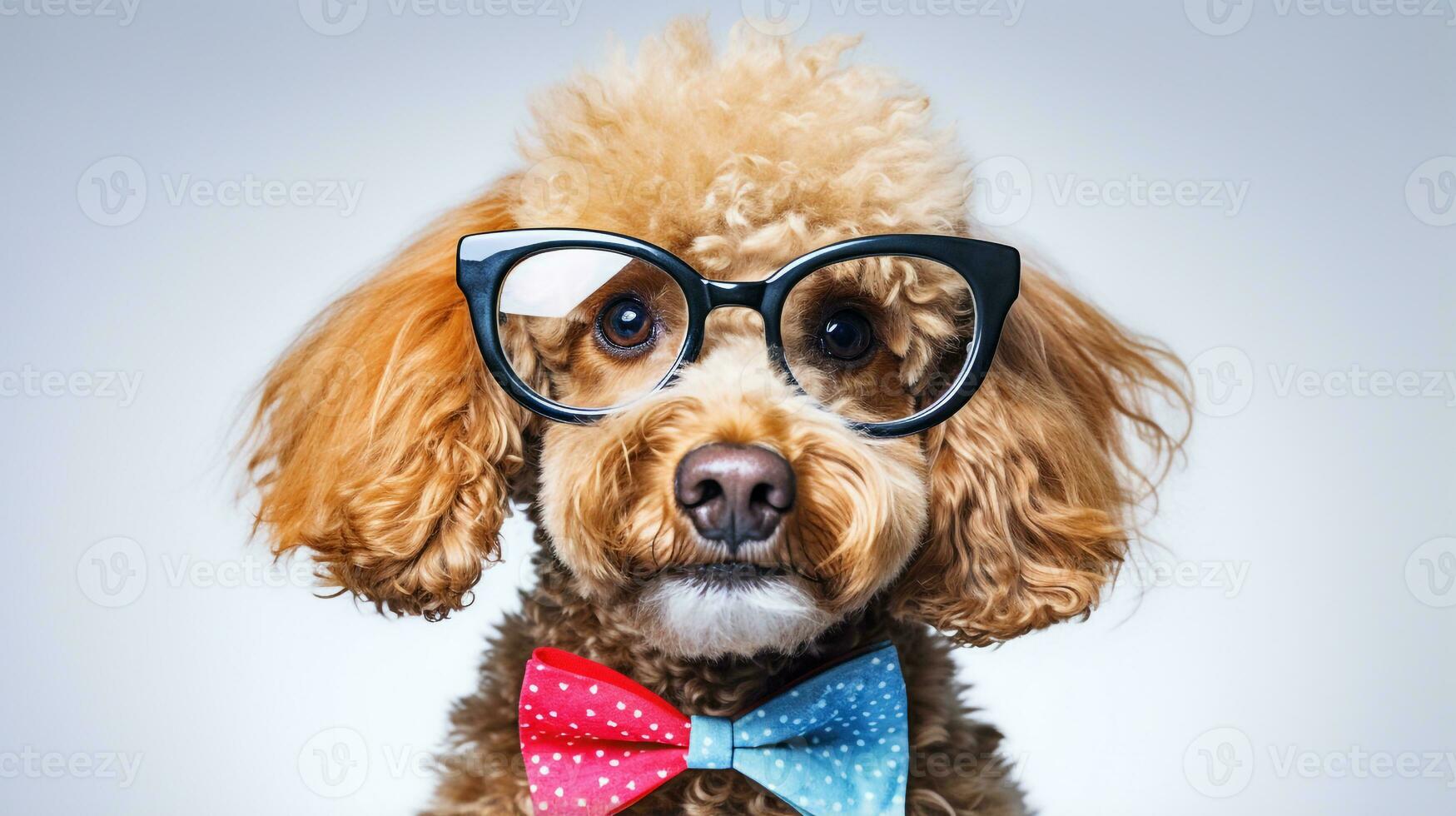 Photo of a Poodle dog using eyeglasses isolated on white background. Generative AI
