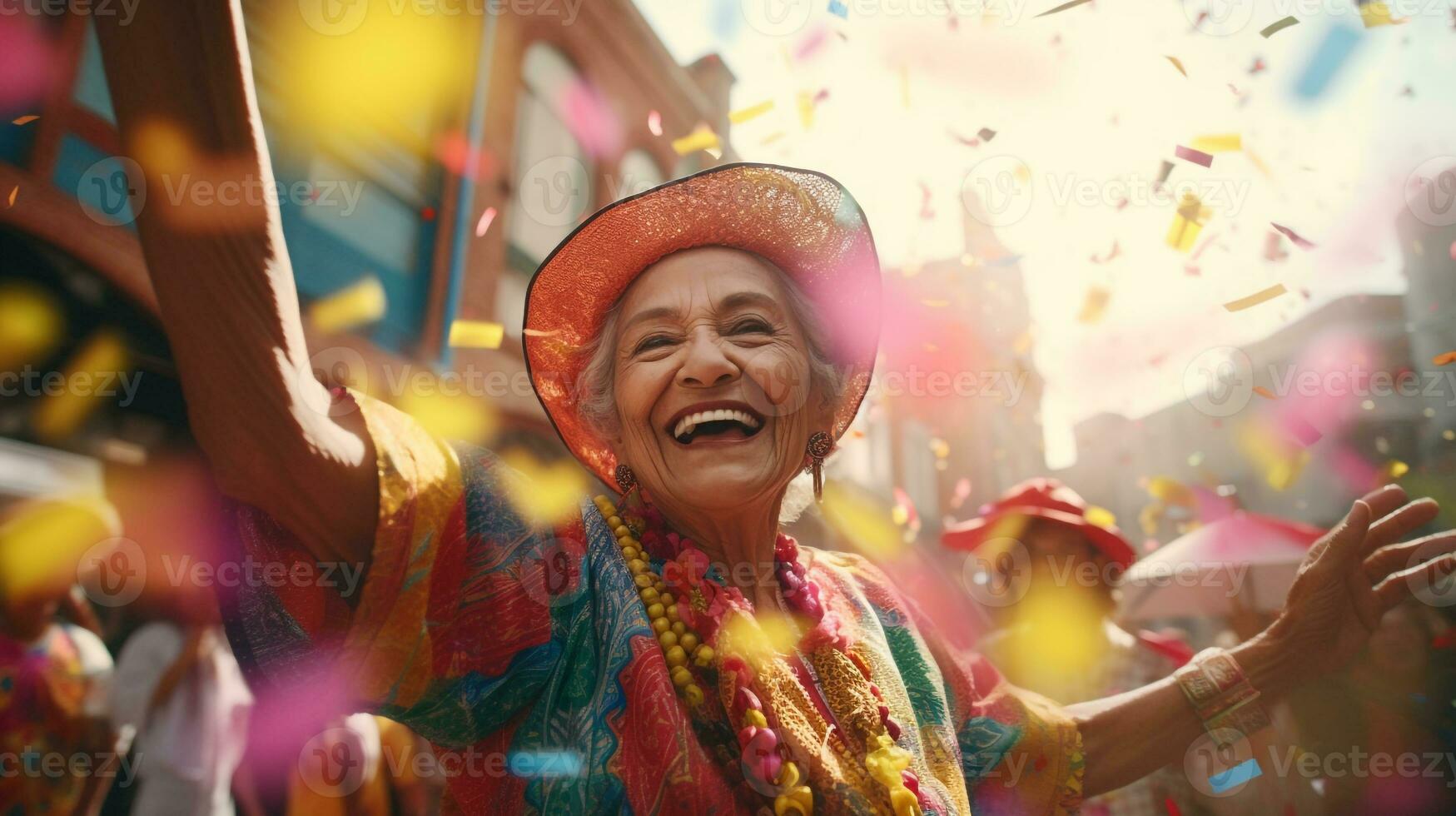 Happy face of Grandmother celebrate Dia de la Raza. Generative AI photo