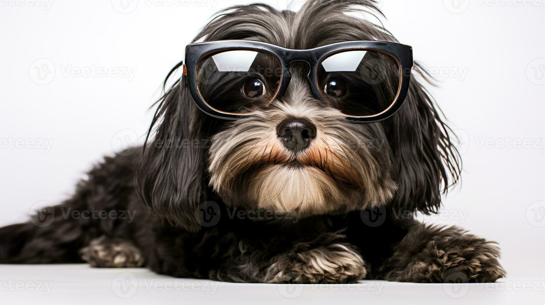 Photo of a Havanese dog using eyeglasses isolated on white background. Generative AI