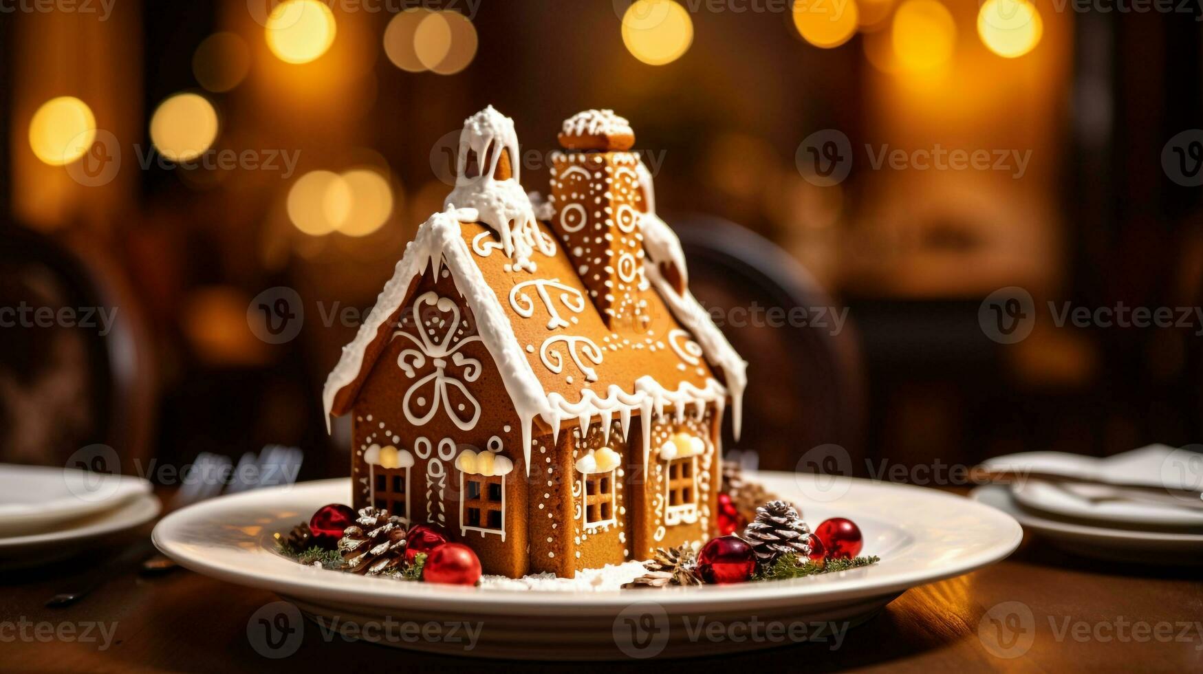 Photo of Gingerbread House as a dish in a high-end restaurant. Generative AI