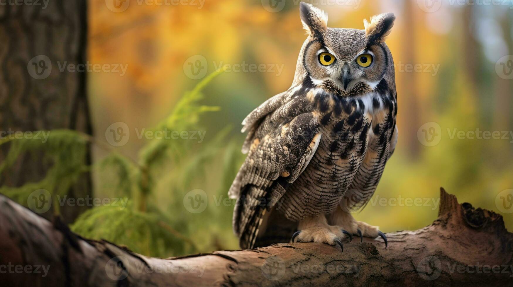 Photo of a Great Horned Owl standing on a fallen tree branch at morning. Generative AI