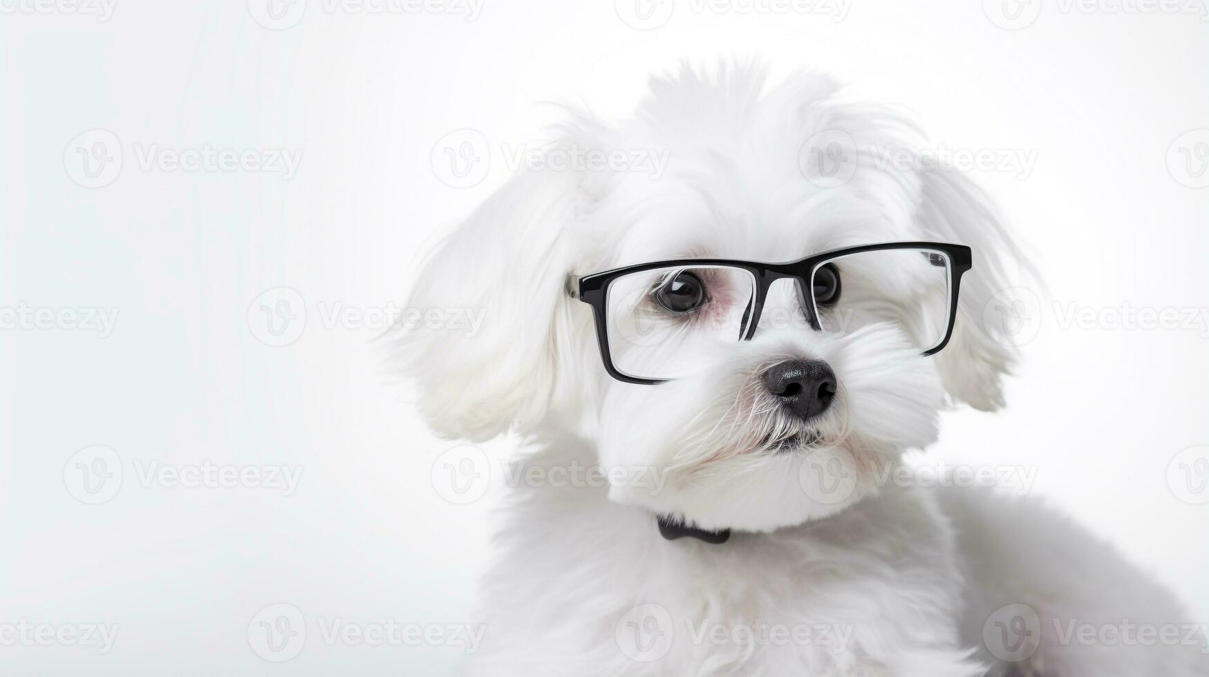 Photo of a Maltese dog using eyeglasses isolated on white background. Generative AI