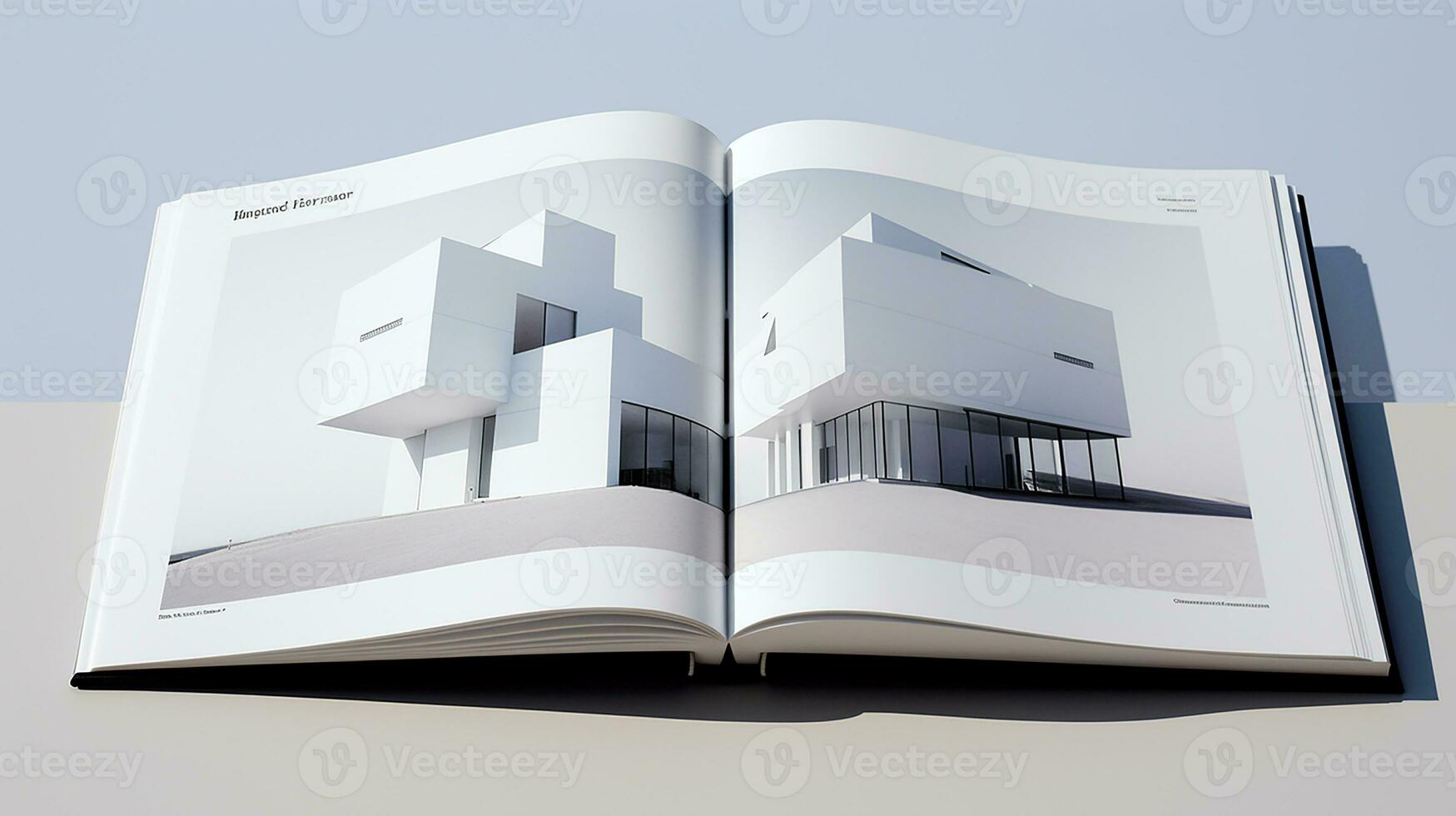 Open magazine with modern and minimalist building and blue sky. 3d rendering. photo