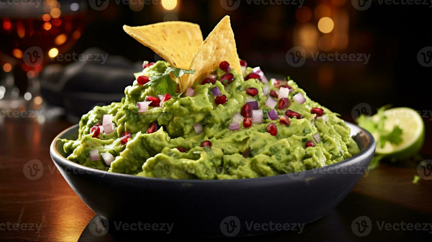 Photo of Guacamole and Chips as a dish in a high-end restaurant. Generative AI