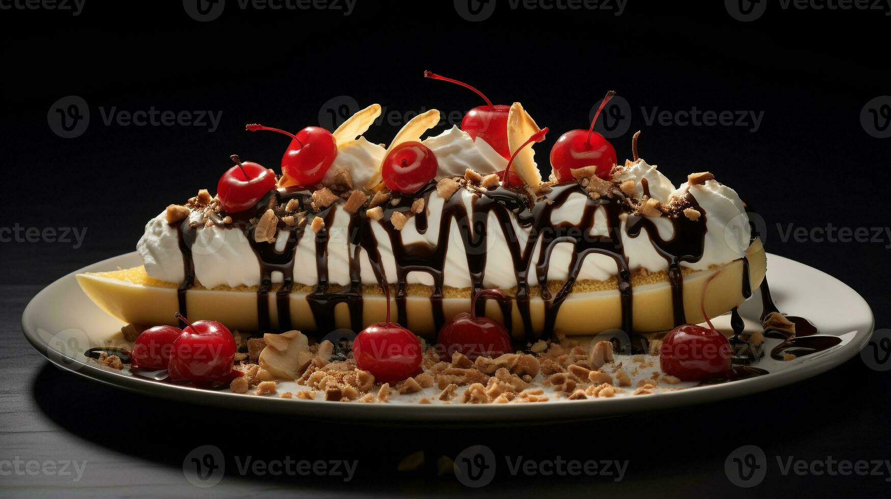 Photo of Banana Split as a dish in a high-end restaurant. Generative AI